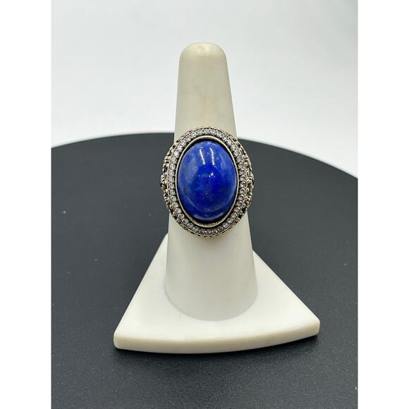 JAS Turkey Sterling Silver Lapis Lazuli, CZ, Blue Sapphire Two Tone Ring Sz 8 - Picture 2 of 13
